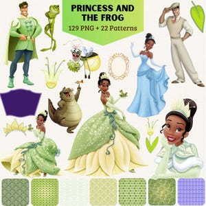 Może przedstawiać: Cyfrowa kolekcja grafik Princess and the Frog zawierająca 129 plików PNG i 22 wzory. Zestaw zawiera ilustracje postaci takich jak Tiana, Książę Naveen, aligator Louis, świetlik Ray oraz różnorodne elementy kwiatowe.