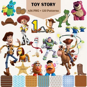 Pode incluir: Uma coleção digital de ilustrações de personagens de Toy Story incluindo Woody, Buzz Lightyear, Jessie, Rex, Forky, Sr. e Sra. Cabeça de Batata, Slinky Dog, Lotso, Ducky e Bunny, junto com uma estrela de xerife, chapéu, bota e 120 padrões.
