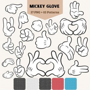 Peut inclure: Une collection numérique de 57 illustrations de gants blancs de dessin animé dans diverses positions et 5 motifs d'étoiles, avec le texte MICKEY GLOVE 57 PNG + 05 Patterns. Les gants ont des contours noirs et trois lignes sur le dos.