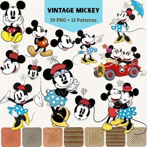 Może przedstawiać: Cyfrowa kolekcja ilustracji vintage z Myszką Miki i Minnie, przedstawiająca różne pozy, wyrazy twarzy i stroje, w tym czerwony samochód, z tekstem VINTAGE MICKEY 39 PNG + 12 Patterns wyświetlanym na górze pośrodku.