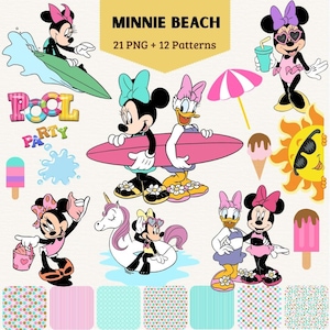 Puede incluir: Una colección digital titulada MINNIE BEACH que incluye 21 archivos PNG y 12 patrones. Los gráficos muestran a Minnie Mouse y Daisy Duck con ropa de verano, tablas de surf, un letrero de pool party, helados, un sol y varios patrones.