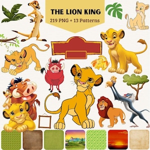 Op de afbeelding: Een digitale collectie met personages uit The Lion King, waaronder Simba, Timon, Pumbaa, Mufasa en Rafiki. De afbeelding toont 219 PNG-bestanden en 13 patronen, met diverse geanimeerde dierillustraties, groen gebladerte, een boom en verschillende getextureerde achtergrondvierkanten.