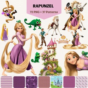 Può includere: Una collezione digitale con i personaggi di Rapunzel, un camaleonte verde, un cavallo bianco, una torre in pietra e una corona dorata. Il testo recita RAPUNZEL 72 PNG + 37 Patterns. Include varie pose dei personaggi e quadrati con motivi viola.