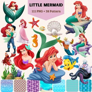Pode incluir: Uma coleção digital de gráficos com o tema A Pequena Sereia, incluindo 111 imagens PNG e 38 padrões. O conjunto contém ilustrações da Ariel, Rei Tritão, Úrsula, Linguado e Sebastião, além de vida marinha, conchas e vários fundos aquáticos.