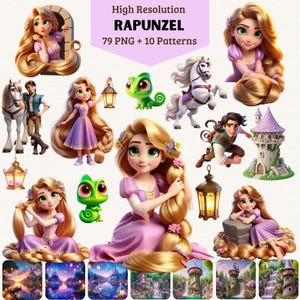 Peut inclure: Une collection numérique de 79 images PNG et 10 motifs représentant Raiponce aux longs cheveux blonds, un caméléon vert, un cheval blanc, un personnage masculin, une tour en pierre et des lanternes. Le texte indique High Resolution RAPUNZEL 79 PNG + 10 Patterns.