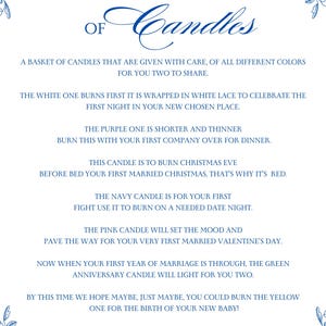 May include: A white rectangular card with blue text and blue floral corner accents. The text reads: A Basket of Candles, A basket of candles that are given with care, of all different colours for you two to share. The white one burns first it is wrapped in white lace to celebrate the first night in your new chosen place. The purple one is shorter and thinner burn this with your first company over for dinner. This candle is to burn Christmas Eve before bed your first married Christmas, that's why it's red. The navy candle is for your first fight use it to burn on a needed date night. The pink candle will set the mood and pave the way for your very first married Valentine's day. Now when your first year of marriage is through, the green anniversary candle will light for you two. By this time we hope maybe, just maybe, you could burn the yellow one for the birth of your new baby! And just when you thought you could put these away burn the gold one for your fifth anniversary day!