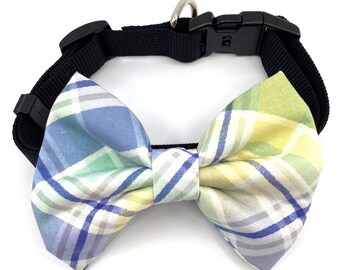 Pastel Plaid Dog Bow Tie (Blue, Purple, Yellow and Green)
