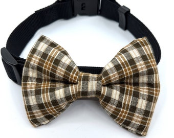 Brown Plaid Dog Bow Tie (Brown, Black and White)