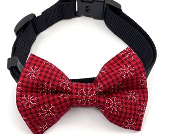 Red Plaid Snowflake Dog Bow Tie (Red, Black and White)