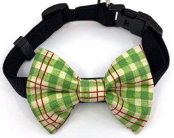 Green Plaid Dog Bow Tie (Green, Yellow and Red)