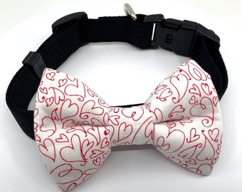 Drawn Hearts Dog Bow Tie (White and Pink)