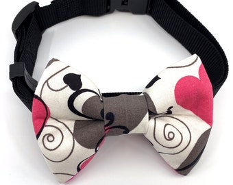 Swirl Hearts Dog Bow Tie (Pink, Gray and White)