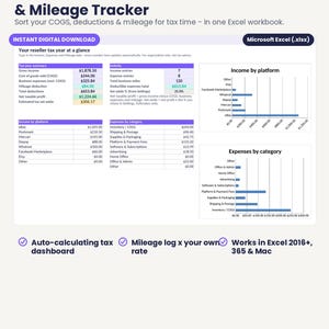 May include: A TallyNova Reseller Tax & Mileage Tracker digital spreadsheet for Microsoft Excel. The interface displays a tax year summary, income by platform, expenses by category, and bar charts for financial data visualization and tracking.