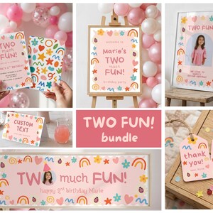 May include: A birthday party stationery bundle featuring a pink theme with colorful rainbows, hearts, flowers, and ladybugs. The set includes invitations, a welcome sign, a photo poster, a custom text card, a banner, and thank you tags.
