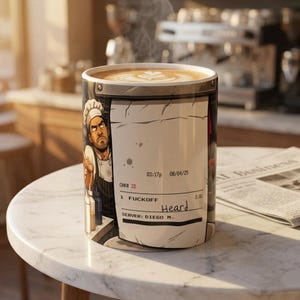 Peut inclure: Un mug en céramique illustré d'un chef avec une toque et un tablier, accompagné d'un ticket de commande imprimé. Le ticket affiche 03:17p, 08/04/25, CHK# 22, 1 FUCKOFF, 0.00, Heard, et SERVER: DIEGO M. Le mug contient un café latte avec de la mousse.