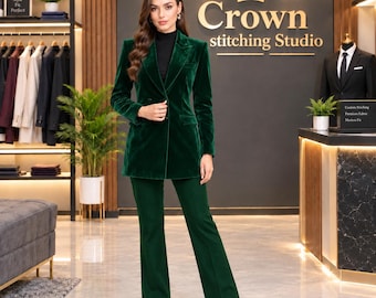 Elegant Emerald Green Velvet Suit for Women, Tailored Velvet Blazer & Trouser Set, Formal Evening Pantsuit, Custom Made Tuxedo, Free Shippin