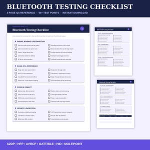 May include: A three-page Bluetooth Testing Checklist document featuring over 60 test points for QA reference. The pages are white with dark blue headers and purple accents, listing categories like Pairing, Range, Power, and Security.