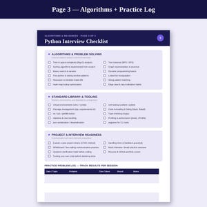 May include: A dark blue and white Python Interview Checklist page featuring three sections: Algorithms & Problem Solving, Standard Library & Tooling, and Project & Interview Readiness. It includes checkboxes for technical topics and a practice problem log.