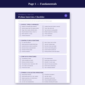 May include: A white and dark blue Python Interview Checklist document, page 1 of 3, titled Fundamentals. It features organised sections with checkboxes for topics including Syntax, Types, Variables, Control Flow, Functions, Data Structures, and Strings.