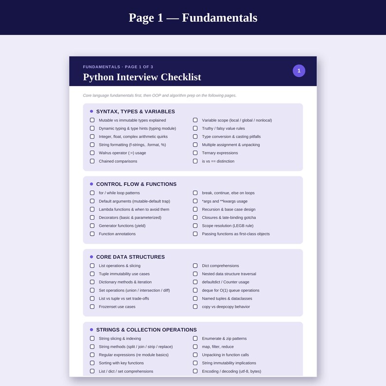 May include: A white and dark blue Python Interview Checklist document, page 1 of 3, titled Fundamentals. It features organised sections with checkboxes for topics including Syntax, Types, Variables, Control Flow, Functions, Data Structures, and Strings.