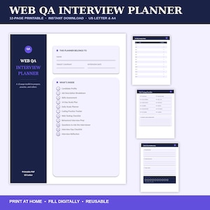 Peut inclure: Un planificateur d'entretien Web QA de 12 pages en format PDF imprimable, aux tons bleu foncé et violet clair. La mise en page comprend des sections pour le profil du candidat, la description de poste, l'évaluation des compétences et des listes.