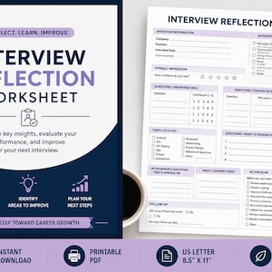 May include: An interview reflection worksheet with a dark blue and light purple colour scheme. The cover page features the text INTERVIEW REFLECTION WORKSHEET and icons for evaluation and planning. The interior page includes sections for interview information, performance evaluation, and action plans in 21.59 cm x 27.94 cm format.