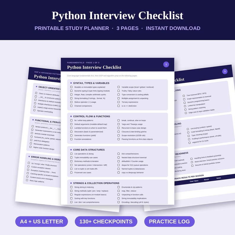 May include: A three-page Python Interview Checklist study planner with dark blue headers and light purple backgrounds. The document features sections for syntax, types, variables, control flow, functions, core data structures, and collection operations.