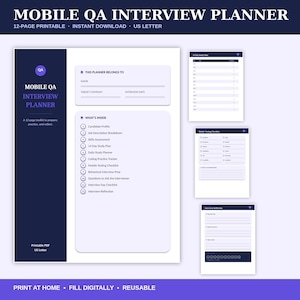 May include: A 12-page Mobile QA Interview Planner printable PDF in US Letter size. The document features a dark blue and light purple color scheme with sections for candidate profile, 14-day study plan, mobile testing checklist, and interview reflection.
