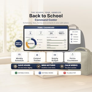 May include: A digital Back to School Command Center planner featuring a Family Dashboard with sections for kids, tabs, deadlines, and budget tracking. Includes icons for weekly schedules, carpool trackers, supply budgets, and forms countdowns in a layout.
