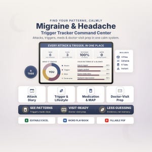 May include: A digital Migraine & Headache Trigger Tracker Command Center dashboard featuring sections for attack diaries, trigger and lifestyle tracking, medication logs, and doctor-visit preparation. Includes 6 tabs, 3 files, and editable Excel, Word, and PDF formats.