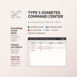 Type 1 Diabetes Command Center for Parents | Child T1D Blood Sugar Log, Insulin & Carb Ratios, School 504 and Care Team | Excel Word PDF