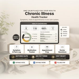 Può includere: Un cruscotto digitale per il monitoraggio della salute in caso di malattie croniche, con sezioni per sintomi, farmaci, appuntamenti e domande per il medico. L'interfaccia include barre di avanzamento, un grafico a torta e icone per file Excel, Word e PDF.