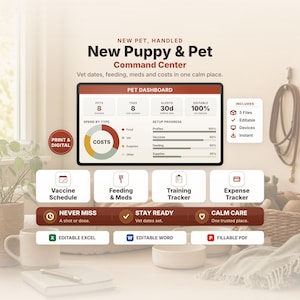 New Puppy & Pet Care Command Center | Editable Excel Word Fillable PDF | Vaccine, Feeding and Vet Tracker | Pet Organizer, No Macros