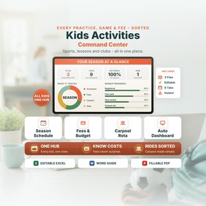 Könnte beinhalten: Ein digitales Kids Activities Command Center Dashboard mit Saisonübersicht, Fortschrittsdiagrammen und Tracking-Modulen für Zeitpläne, Gebühren, Fahrgemeinschaften und Ausrüstung, inklusive Excel-, Word- und PDF-Dateien für die Organisation.