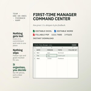 First-Time Manager Command Center | New Manager Toolkit, 1:1 Tracker, Delegation & Feedback Log | Excel Word PDF | Instant Download