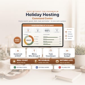 May include: A digital holiday hosting command center dashboard featuring a central display with guest, menu, task, and budget tracking. Includes sections for guest lists, menu planning, task countdowns, and budget management in Excel, Word, and PDF formats.
