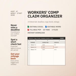May include: A digital Workers' Comp Claim Organizer featuring 10 linked tabs for tracking deadlines, wage checks, and mileage. Includes editable Excel and Word files, a fillable PDF, and a spreadsheet preview showing period, expected, and status columns.