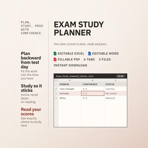 May include: An Exam Study Planner digital template featuring the text Plan, Study, Pass with Confidence and One clear system to plan, study and pass. Includes icons for Editable Excel, Editable Word, and Fillable PDF, plus a spreadsheet preview.