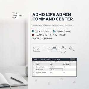 ADHD Life Admin Kit | Brain Dump, Paperwork, Task Tracker (Editable Files)