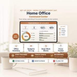 Puede incluir: Un panel digital Home Office Command Center que muestra un resumen de la jornada laboral, un gráfico circular y barras de progreso. Incluye secciones para inventario, presupuesto, trabajo profundo y seguimiento con iconos de Excel, Word y PDF.