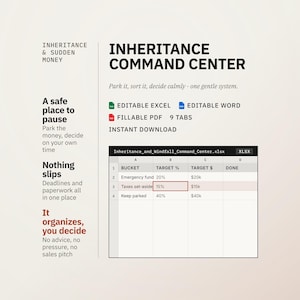 Inheritance & Windfall Command Center | Sudden Money Organizer, Lump Sum Planner, What To Do First | Excel Word Fillable PDF