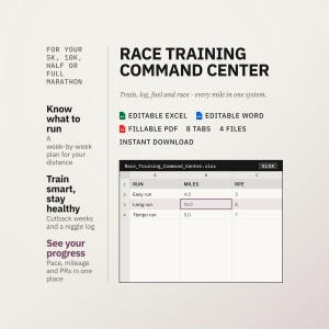 Peut inclure: Un modèle numérique de centre de commande pour l'entraînement à la course, pour 5K, 10K, semi-marathon et marathon. Inclut des fichiers Excel, Word et PDF remplissable avec 8 onglets. Un tableau montre les colonnes course, miles et RPE.