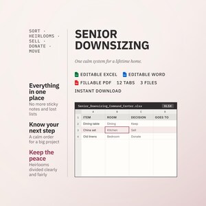 Senior Downsizing Organizer | Excel, Word, PDF Command Center (Digital Download)