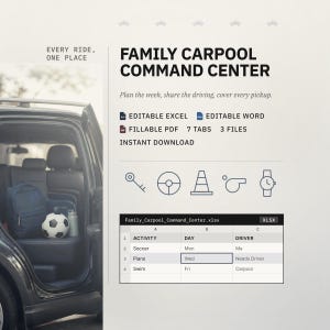 Family Carpool Schedule Planner | Weekly Driving Rotation Tracker (Excel, Word, PDF)