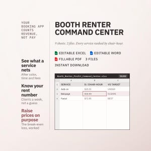 Puede incluir: Una plantilla de hoja de cálculo digital titulada Booth Renter Command Center. Incluye archivos editables de Excel y Word y un PDF rellenable. El documento muestra una tabla con columnas para servicio, dólar por hora de silla y estado.