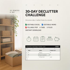 30-Tage-Aufräum-Challenge-Planer | Bearbeitbare Excel-, Word- und PDF-Vorlage