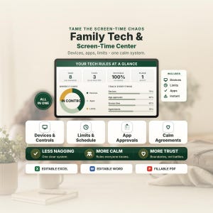 May include: A digital dashboard titled Family Tech & Screen-Time Center featuring a central screen with data charts, progress bars, and text labels. It includes sections for devices, limits, and apps, with icons for Excel, Word, and PDF file formats.
