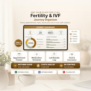 Könnte beinhalten: Ein digitales Fertility & IVF Journey Organizer Dashboard mit Bereichen für Terminverfolgung, Medikamentenpläne, Laborergebnisse und Kostenmanagement. Die Benutzeroberfläche enthält Fortschrittsbalken, ein Ausgabendiagramm sowie Symbole für Excel, Word und PDF-Formate.