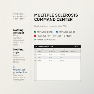 Multiple Sclerosis Command Center | MS Symptom, Relapse, DMT & Doctor Visit Tracker | Excel Word PDF | Instant Download