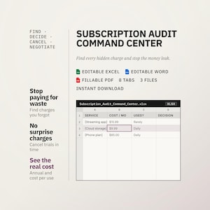 以下が含まれることがあります： Subscription Audit Command Centerデジタルテンプレート。サービス、月額料金、使用頻度、決定事項の列があるExcelスプレッドシートインターフェース。編集可能なExcel、Word、および入力可能なPDFファイル形式が含まれています。